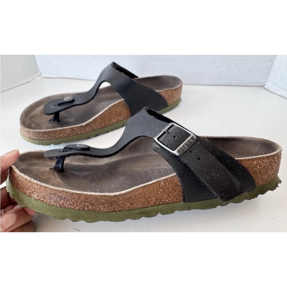 birkenstock gizeh black leather sandals green soles Size 39